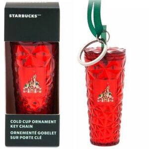 Disney Parks Fantasyland Castle Starbucks Cold Cup Tumbler Ornament Keychain Red